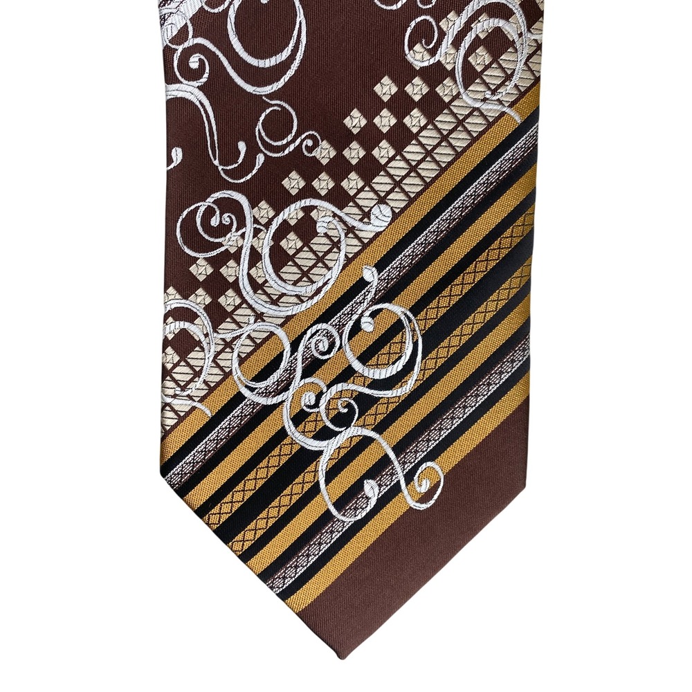 Avanti Uomo Mens Tie Brown Tan Abstract Swirl Geometric Rockabilly 70's 58.5x4